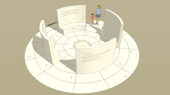 Diagram showing the design of the memorial. Four high backed stone seats face each other in a circle on a larger circular base.