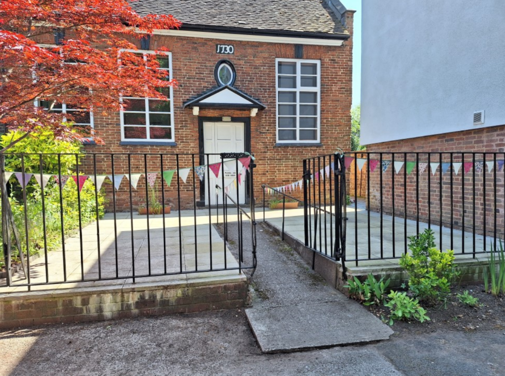 Stafford Meeting House with bunting on railings